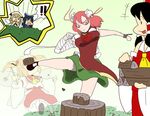  bad_id bad_pixiv_id bandages blonde_hair bow double_bun hair_bow hair_tubes hakurei_reimu hat ibaraki_kasen kicking kokoyashi luna_child multiple_girls star_sapphire sunny_milk touhou tree_stump wings wood 