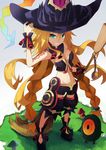  adhesive_bra blonde_hair bra braid broom detached_collar full_body green_eyes grin hat highres keid long_hair majo_to_hyakkihei metallica_(majo_to_hyakkihei) shoes shorts smile standing tattoo tochka twin_braids twintails underwear very_long_hair witch_hat wrist_cuffs 