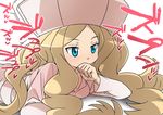  1girl blonde_hair blue_eyes bored bored_sex breasts cattleya_(pokemon) cleavage covering_mouth elite_four hat implied_sex long_hair lying on_stomach pic_k pokemon pokemon_(game) pokemon_bw pokemon_bw2 solo very_long_hair white_background 