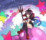  &gt;:) ahoge asymmetrical_wings black_hair black_legwear bow crossed_legs dress holding houjuu_nue kanabun looking_at_viewer polearm red_eyes shoes short_dress short_hair sitting smile solo thighhighs touhou trident ufo v-shaped_eyebrows weapon wings wrist_cuffs 