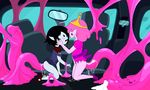  adventure_time anal anal_penetration black_hair blush clothing cum duo fangs female hair lesbian marceline open_mouth penetration pink_hair princess_bubblegum royalty sex tentacles tongue vampire young 