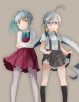  :d ahoge bad_id bad_pixiv_id black_legwear blouse blue_bow bow bowtie comah cosplay costume_switch crossed_arms frilled_skirt frills front-seamed_legwear frown gradient_hair grey_background grey_eyes grey_legwear grey_skirt hair_bow kantai_collection kasumi_(kantai_collection) kasumi_(kantai_collection)_(cosplay) kiyoshimo_(kantai_collection) kiyoshimo_(kantai_collection)_(cosplay) kneehighs long_sleeves looking_at_viewer low_twintails multicolored_hair multiple_girls open_mouth pantyhose pleated_skirt purple_skirt school_uniform seamed_legwear side-by-side side_ponytail silver_hair simple_background skirt skirt_lift smile suspenders twintails yellow_bow yellow_eyes 