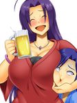  ahoge alcohol beer blush bracelet breast_envy breast_press breasts cleavage drunk empty_eyes huge_breasts idolmaster idolmaster_(classic) jewelry kawanuma_uotsuri kisaragi_chihaya long_hair miura_azusa multiple_girls necktie purple_hair smile 