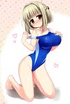  bare_legs barefoot blue_swimsuit blush breasts brown_eyes brown_hair competition_swimsuit full_body hidamari_sketch kneeling large_breasts looking_at_viewer nagayama_yuunon nazuna one-piece_swimsuit short_hair solo strap_slip swimsuit 