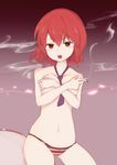  between_breasts blouse breast_hold breasts cigarette collarbone covering covering_breasts drum gradient gradient_background horikawa_raiko instrument large_breasts looking_at_viewer navel necktie necktie_between_breasts open_mouth panties purple_neckwear red_eyes red_hair short_hair smoke solo striped striped_panties topless touhou underwear underwear_only yukihiko_(sky_sleep) 