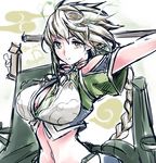  antlers bare_shoulders braid breasts brown_eyes cleavage_cutout cloud_print hair_ornament jitome kantai_collection large_breasts long_hair looking_at_viewer midriff navel outstretched_arm owju_(ouju) pleated_skirt short_sleeves silver_hair single_braid sketch skirt smile solo unryuu_(kantai_collection) very_long_hair wavy_hair 