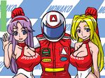  1boy 2girls akiyama_(r-aki) bare_shoulders blonde_hair blue_eyes breasts cleavage curvy earrings hair_ornament hairband helmet jewelry large_breasts long_hair motorcycle_helmet multiple_girls purple_hair smile upper_body waving 