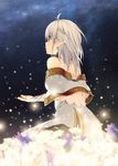  ahoge bare_shoulders braid bridal_gauntlets dress elf flower french_braid glowing highres itsui_(dihydrogenmonoxid) jewelry light_particles looking_up night night_sky original pointy_ears ring silver_hair sitting sky solo wariza 
