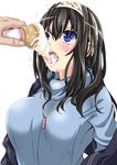  arms_behind_back black_hair blue_eyes blush breasts flying_sweatdrops food hairband ice_cream idolmaster idolmaster_cinderella_girls jewelry kimura_neito large_breasts long_hair long_sleeves looking_up messy necklace open_mouth pendant sagisawa_fumika sexually_suggestive shawl solo 