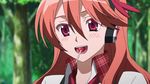  1girl akame_ga_kill! blush brown_hair candy character_request chelsea_(akame_ga_kill!) highres lollipop long_hair red_eyes smile solo standing stitched 