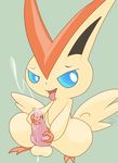  cum cum_on_hand cum_on_penis cumshot green_background half-closed_eyes knot male masturbation open_mouth orgasm out pcred566 penis pink_penis plain_background solo tongue victini 