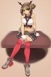  ankle_boots arm_support bare_shoulders bonten_karasu boots breasts brown_background brown_eyes brown_hair crossed_legs full_body gloves grey_skirt hairband headgear high_heel_boots high_heels highres kantai_collection large_breasts looking_at_viewer midriff mutsu_(kantai_collection) navel pleated_skirt red_legwear short_hair sitting skirt smile solo striped striped_legwear thighhighs white_gloves 