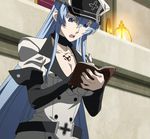  1girl akame_ga_kill! aqua_hair blue_eyes blue_hair breasts character_request cleavage colored_eyelashes esdeath esdese female general general(shogun) hat highres long_hair military military_uniform peaked_cap shogun solo standing tattoo uniform very_long_hair 