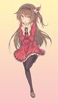  :o bad_id bad_twitter_id black_legwear blush brown_eyes brown_hair gradient gradient_background hairband leg_up long_hair one_side_up pantyhose pink_background skirt solo standing standing_on_one_leg very_long_hair yellow_background yuran 