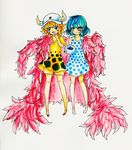  1boy 1girl blonde_hair blue_eyes blue_hair dellinger donquixote_pirates dress dressrosa duo feathers hat horns monocle one_piece polka_dot standing sugar_(one_piece) 