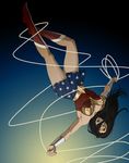  amazon black_hair blue_eyes boots dc_comics flying gb_(doubleleaf) hair_over_one_eye lasso red_shoes rope shoes skirt solo star_print strapless tiara upside-down vambraces wonder_woman wonder_woman_(series) 