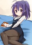  :o ahoge blush book gj-bu highres long_sleeves looking_at_viewer lying mousou_(mousou_temporary) on_side pantyhose purple_eyes purple_hair ribbed_sweater shinomiya_kasumi sketch solo sweater thighs turtleneck 