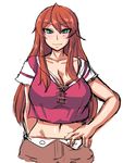  1girl blue_eyes breasts character_request cleavage female large_breasts long_hair midriff mound_of_venus navel pants red_hair shirt simple_background sketch solo source_request standing umigarasu_(magipro) upper_body white_background 