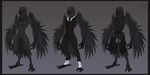  anthro avian balls beak bird chaps clothed clothing crow feathers fingerless_gloves gloves green_eyes lethal_doors male model_sheet monochrome necklace nude plain_background sheath skinny slim solo suit talons wings 