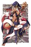  :d breasts dark_skin elbow_gloves fingerless_gloves gloves gunjima_souichirou hat highres long_hair looking_at_viewer medium_breasts navel open_mouth original pointy_ears red_eyes smile snake solo staff white_hair witch_hat 