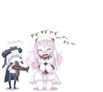 aircraft airplane aqua_eyes closed_eyes crying dress eating eggplant headgear height_difference holding horns kantai_collection kneeling long_hair mittens multiple_girls northern_ocean_hime open_mouth shinkaisei-kan short_hair silver_bell sketch translated white_dress white_hair white_skin wo-class_aircraft_carrier 
