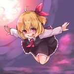 :d blonde_hair full_moon hair_ribbon highres kanabun looking_at_viewer moon necktie open_mouth outstretched_arms red_eyes ribbon rumia short_hair smile solo spread_arms touhou 