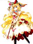  alternate_color blonde_hair blue_eyes breasts capelet cleavage commentary_request dress elphelt_valentine fingerless_gloves gloves guilty_gear guilty_gear_xrd hat large_breasts long_hair player_2 solo veil very_long_hair yuuwaki 