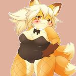  blush body_markings bow breasts canine chest_tuft chubby facial_markings female fishnet fox fur legwear looking_at_viewer mammal markings multiple_tails overweight playboy rajio smile solo standing stockings tuft 
