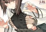  blush breast_grab brown_eyes brown_hair character_name flat_chest grabbing grabbing_from_behind jpeg_artifacts kantai_collection one_eye_closed short_hair solo_focus super_zombie taihou_(kantai_collection) tears twitter_username upper_body 