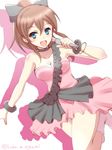  :d bare_shoulders blue_eyes bow bracelet breasts brown_hair choker cleavage hair_bow idolmaster idolmaster_million_live! jewelry long_hair medium_breasts microphone ookami_maito open_mouth pink_skirt ponytail satake_minako simple_background skirt smile solo twitter_username white_background 