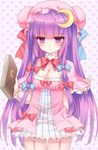  :| absurdres adapted_costume alternate_costume bad_id bad_pixiv_id blush book bow breasts cleavage closed_mouth crescent crescent_hair_ornament dress frilled_dress frills garter_straps hair_bow hair_ornament hair_ribbon hat heart heart_background highres holding holding_book medium_breasts mob_cap patchouli_knowledge purple_eyes purple_hair revision ribbon solo touhou tsukikage_nemu 