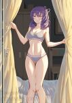  1girl ao_no_kiseki artist_name ass_visible_through_thighs bed blush bra breasts cleavage commission curtains eiyuu_densetsu eyebrows grey_bra grey_panties hajimari_no_kiseki highres kuro_no_kiseki long_hair medium_breasts multicolored_bra multicolored_clothes multicolored_panties navel open_mouth panties purple_eyes purple_hair ribbon rixia_mao sen_no_kiseki sen_no_kiseki_ii sports_bra tired underwear underwear_only yogert_egg zero_no_kiseki 