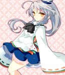  hat japanese_clothes kamome kariginu looking_at_viewer mononobe_no_futo ponytail ribbon short_hair silver_hair skirt smile solo tate_eboshi touhou yellow_eyes 