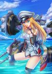  absurdres bad_id bad_pixiv_id bismarck_(kantai_collection) black_panties blonde_hair blue_eyes blue_sky cannon cloud day detached_sleeves hat highres impossible_clothes kantai_collection long_hair machinery mecha_musume military military_hat military_uniform ocean panties peaked_cap sky smarms solo thighs turret underwear uniform wading 