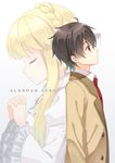  1girl ahoge aldnoah.zero asseylum_vers_allusia black_hair blonde_hair brown_eyes closed_eyes copyright_name hands_clasped hyuuga_azuri kaizuka_inaho looking_up own_hands_together projected_inset school_uniform smile 