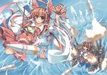  bow breasts brown_hair cloud commentary_request detached_sleeves firing flying hair_bow hair_ornament hakurei_reimu highres kantai_collection long_hair medium_breasts multiple_girls ocean pleated_skirt ponytail skirt sky syuutu touhou yamato_(kantai_collection) 