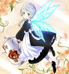  apron blush braid fairy fairy_wings green_eyes long_hair looking_at_viewer maid maid_headdress natsupa original pointy_ears silver_hair single_braid solo teapot white_legwear wings 