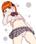  blush hair_ribbon highres long_sleeves looking_at_viewer mudou_eichi navel orange_eyes orange_hair original panties plaid plaid_skirt ribbon school_uniform simple_background skirt solo twintails underwear white_background white_panties 