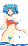  bad_id bad_pixiv_id blue_eyes blue_hair blush breasts censored collarbone convenient_censoring groin hair_bobbles hair_ornament highres kawashiro_nitori looking_at_viewer medium_breasts mikomiko_(mikomikosu) navel no_hat no_headwear nude outstretched_arms short_hair simple_background solo touhou two_side_up wading water water_drop 