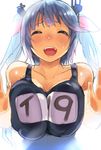  against_glass akagi_asahito blue_hair blush breast_press breasts breasts_on_glass closed_eyes hair_ribbon highres i-19_(kantai_collection) kantai_collection large_breasts long_hair name_tag one-piece_swimsuit open_mouth ribbon school_swimsuit smile solo sweatdrop swimsuit twintails 
