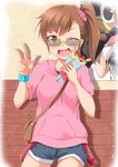  ;d bracelet brick brown_eyes brown_hair crepe eating food food_on_face fruit fuku_d futami_mami glasses hood hoodie idolmaster idolmaster_(classic) jewelry looking_at_viewer one_eye_closed open_mouth scrunchie shorts side_ponytail smile solo strawberry sunglasses v 