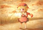  aki_minoriko apron arinu backpack bag barefoot blonde_hair blush bug cloud cloudy_sky dragonfly food fruit grapes hat insect legs open_mouth puffy_short_sleeves puffy_sleeves randoseru red_eyes scenery shirt short_sleeves skirt sky smile solo touhou yellow_sky 
