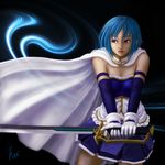  artist_name blue_eyes blue_hair breasts cape cleavage ebi_(eeotoko) highres mahou_shoujo_madoka_magica miki_sayaka signature small_breasts solo sword weapon 