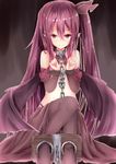  absurdres bad_id bad_pixiv_id bat_wings bdsm breasts chain chained collar demon_girl hair_ribbon highres long_hair looking_at_viewer neko_sensha one_side_up original pantyhose pointy_ears purple_eyes purple_hair restrained ribbon sitting small_breasts solo stocks succubus very_long_hair wings 