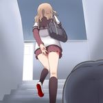  7001 bag black_legwear blue_hair brown_hair covering covering_ass door furutani_himawari handbag kneehighs kneepits miniskirt multiple_girls nanamori_school_uniform oomuro_sakurako school_uniform serafuku shoes skirt stairs uwabaki yuru_yuri 