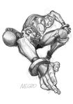  bad_twitter_id bald character_name graphite_(medium) greyscale highres jumping long_nose monochrome muscle necro_(street_fighter) solo street_fighter street_fighter_iii_(series) tattoo traditional_media yoshihara_motoki 