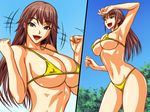  1girl bikini bikini_zuma_capture breasts brown_hair fang kodamashi large_breasts long_hair smile solo swimsuit 