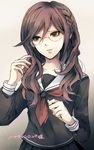  alternate_hair_length alternate_hairstyle braid brown_eyes brown_hair danganronpa danganronpa_1 fukawa_touko glasses hair_down long_hair long_sleeves round_eyewear school_uniform serafuku single_braid solo z-epto_(chat-noir86) 