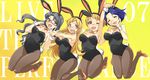  absurdres animal_ears black_hair blonde_hair blue_eyes blue_hair bow bowtie bunny_ears bunny_tail bunnysuit closed_eyes detached_collar fake_animal_ears fukuda_noriko glasses hairband hekeniko highres idolmaster idolmaster_(classic) idolmaster_million_live! long_hair miura_azusa multiple_girls one_eye_closed pantyhose red_eyes shinomiya_karen short_hair tail takayama_sayoko wrist_cuffs 