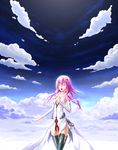  absurdres bare_shoulders breasts center_opening cleavage closed_eyes cloud cloudy_sky detached_sleeves guilty_crown hair_ornament hairclip hand_on_own_chest highres long_hair music open_mouth pink_hair si_(ruanmumu) singing sky small_breasts solo thighhighs twintails yuzuriha_inori 